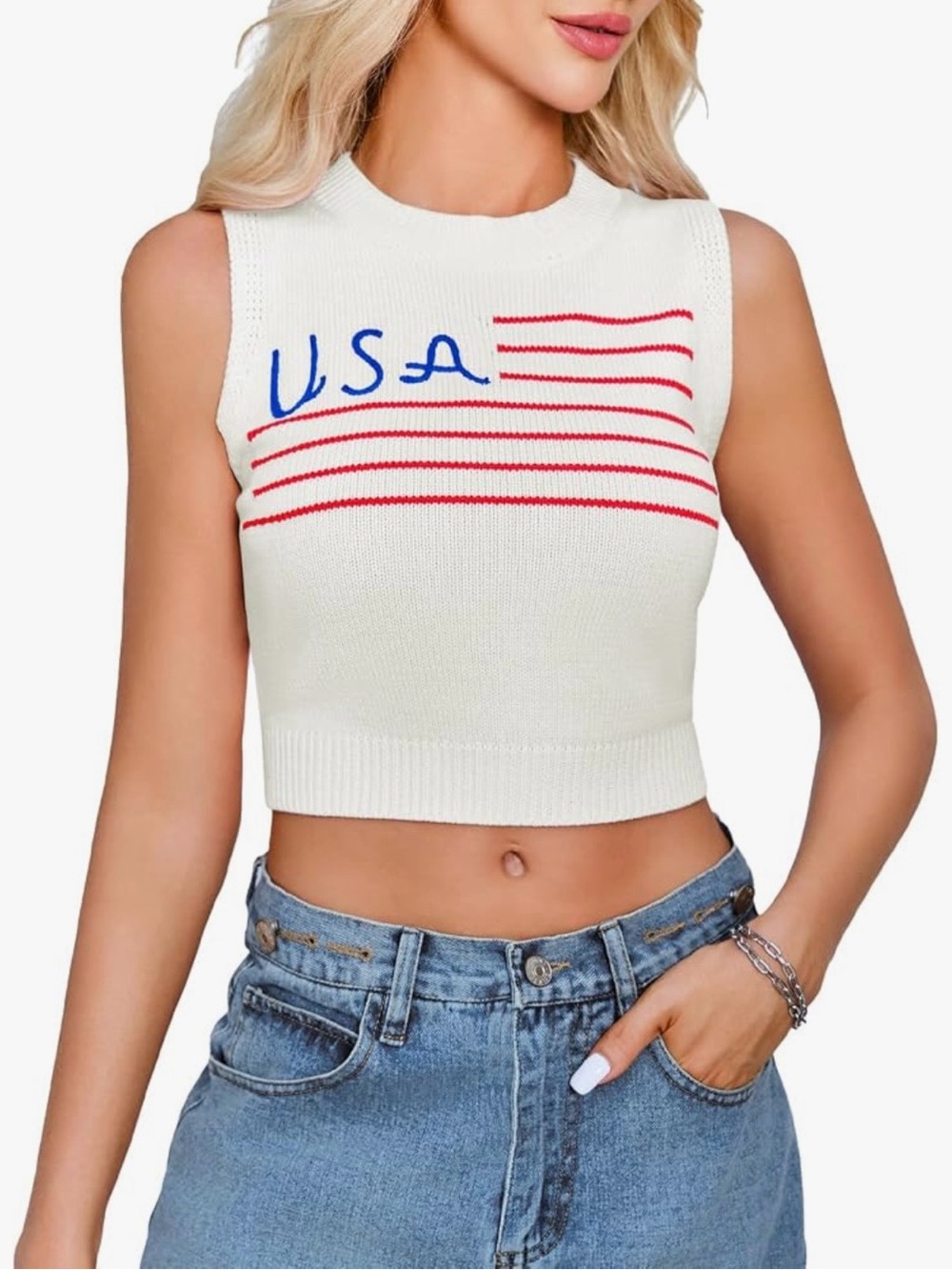 NWOT Sleeveless USA Stripe Knit Crop Top - White
